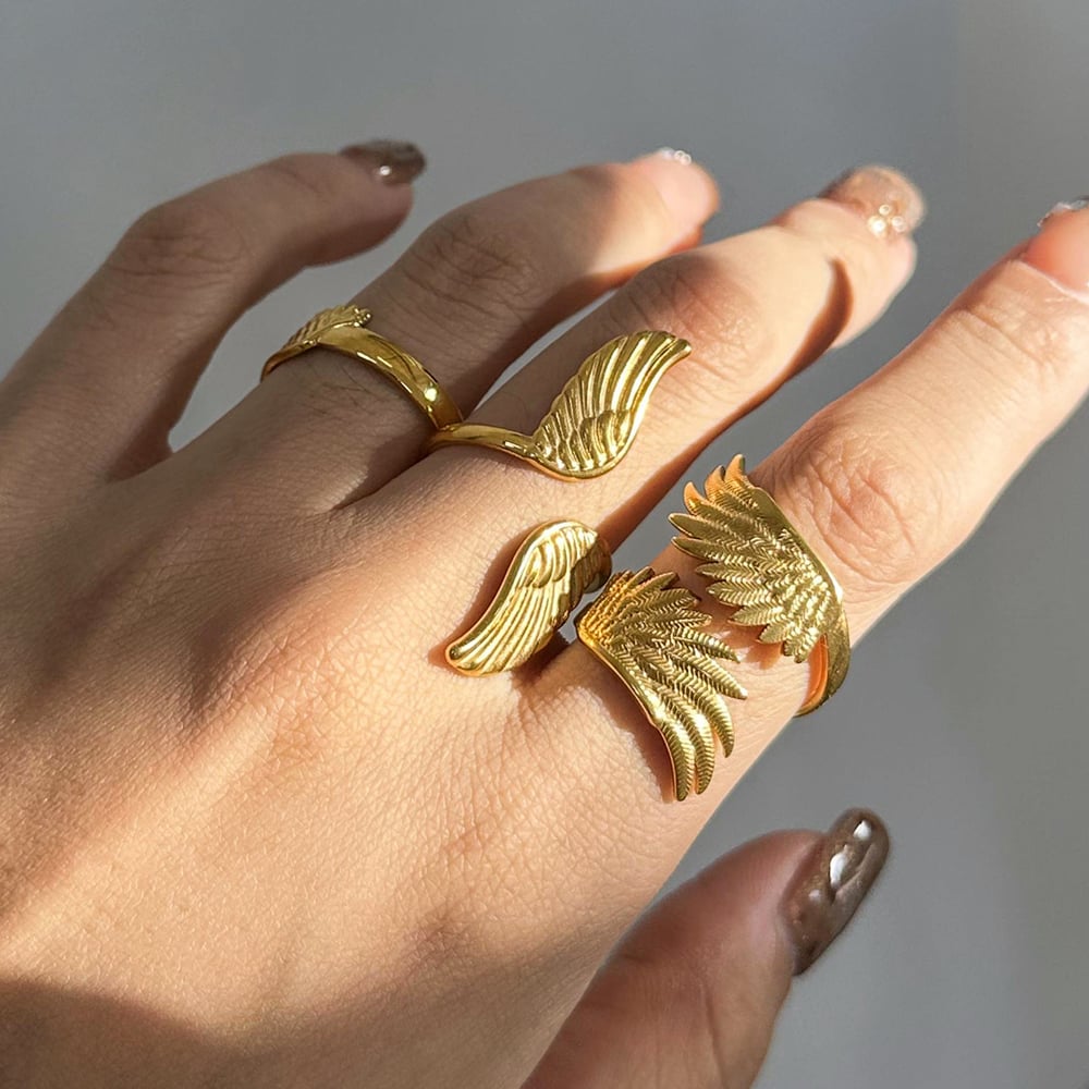 1 pair luxurious series retro wing stainless steel  gold plated women adjustable rings h5Picture2