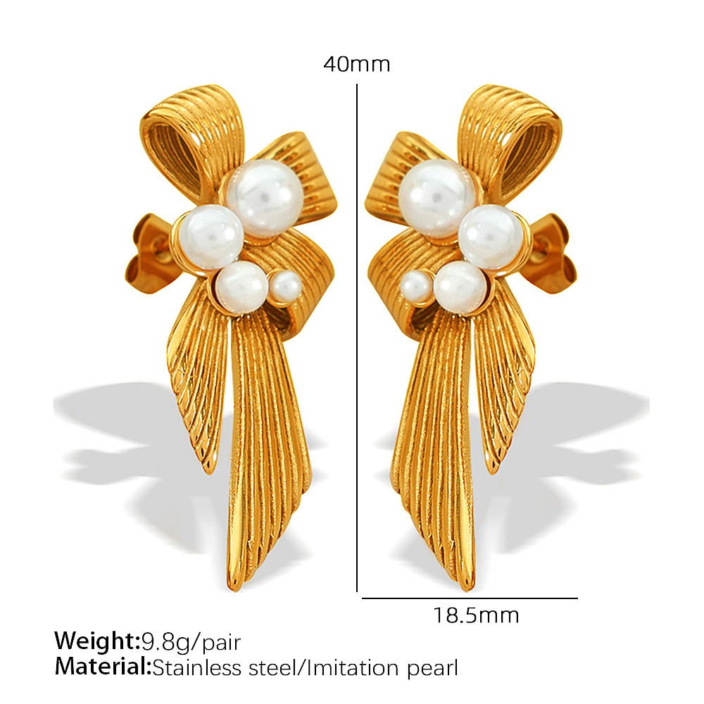 1 pair classic series retro bow knot stainless steel  gold plated artificial pearl women drop earrings h5Picture2
