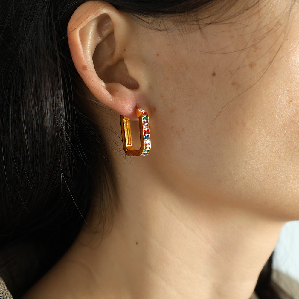 1 pair simple series classic geometric stainless steel  gold plated zircon women hoop earrings Picture2