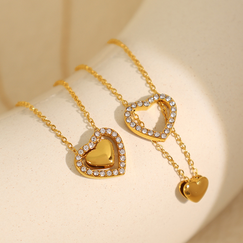 1 piece romantic series fashionable heart titanium steel  gold color plated rhinestone women's pendant necklaces