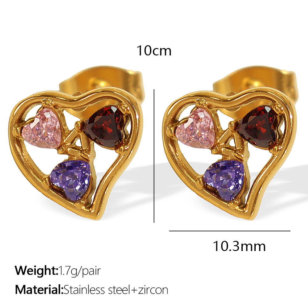 1 pair classic series trendy heart titanium steel  gold color plated zircon women's stud earrings Picture2