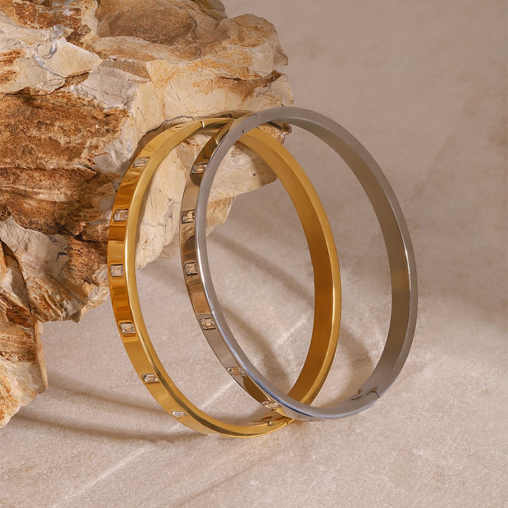 1 piece simple series casual annular stainless steel  gold plated rhinestone women bangles h5Picture2