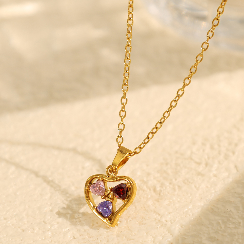 1 piece luxurious series trendy heart titanium steel  gold color plated rhinestone women's pendant necklaces