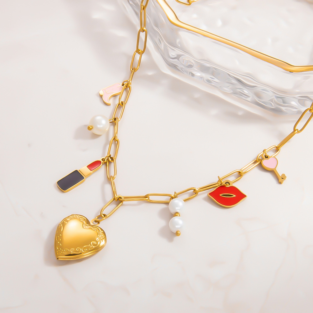 1 piece romantic series classic heart stainless steel  gold color plated artificial pearl women's pendant necklaces