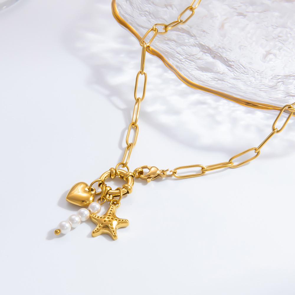 1 piece simple series elegant heart stainless steel  gold color plated artificial pearl women's pendant necklaces 