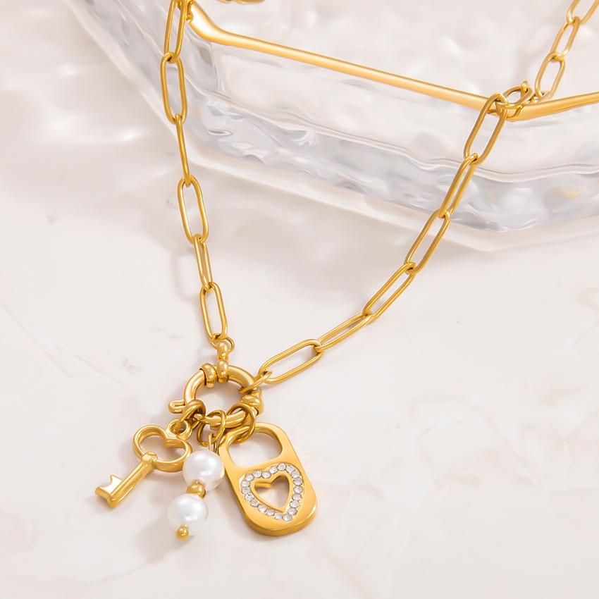 1 piece classic series retro lock and key stainless steel  gold color plated rhinestone women's pendant necklaces