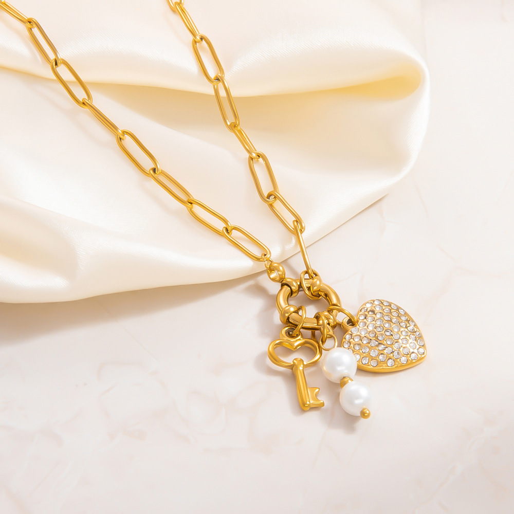 1 piece classic series daily heart stainless steel  gold color plated rhinestone women's pendant necklaces