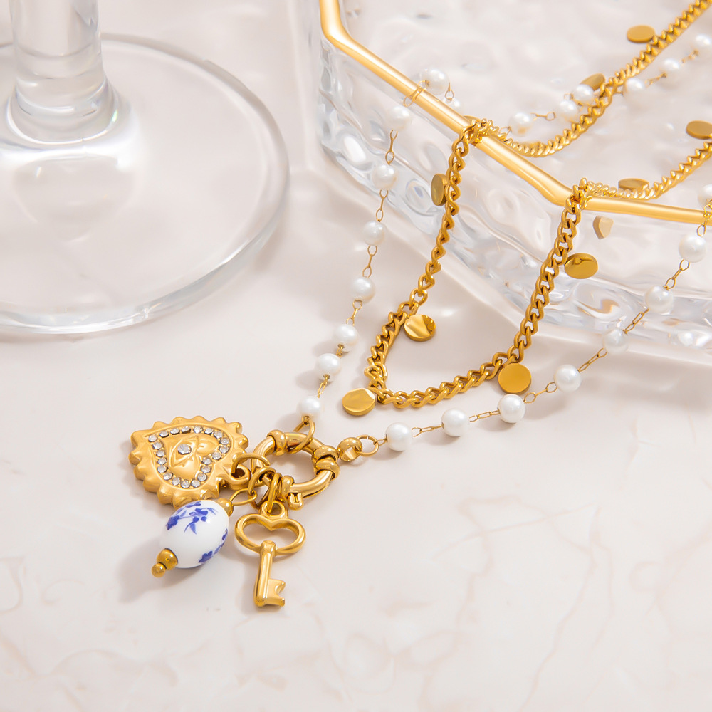 1 piece ethnic series elegant heart stainless steel  gold color plated artificial pearl women's pendant necklaces