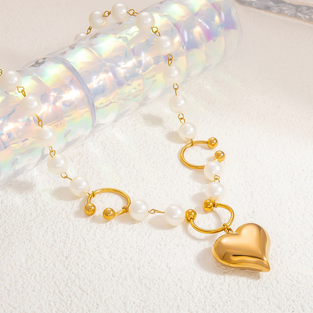 1 piece luxurious series sweet heart stainless steel  gold color plated artificial pearl women's pendant necklaces