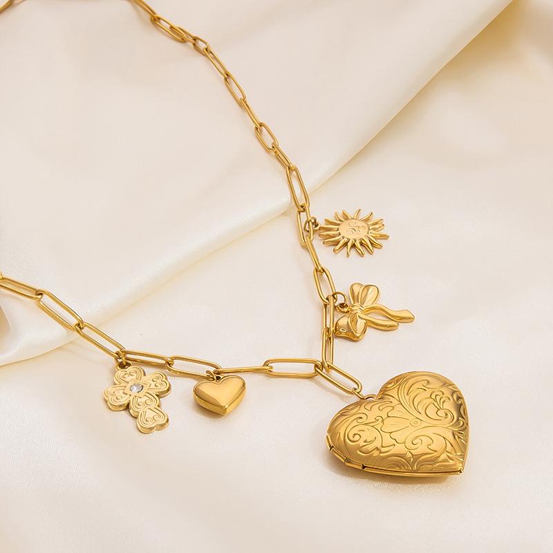 1 piece romantic series retro glossy heart stainless steel  gold color plated women's pendant necklaces