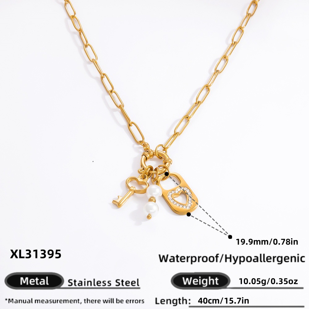 1 piece classic series retro lock and key stainless steel  gold color plated rhinestone women's pendant necklaces h5Picture2