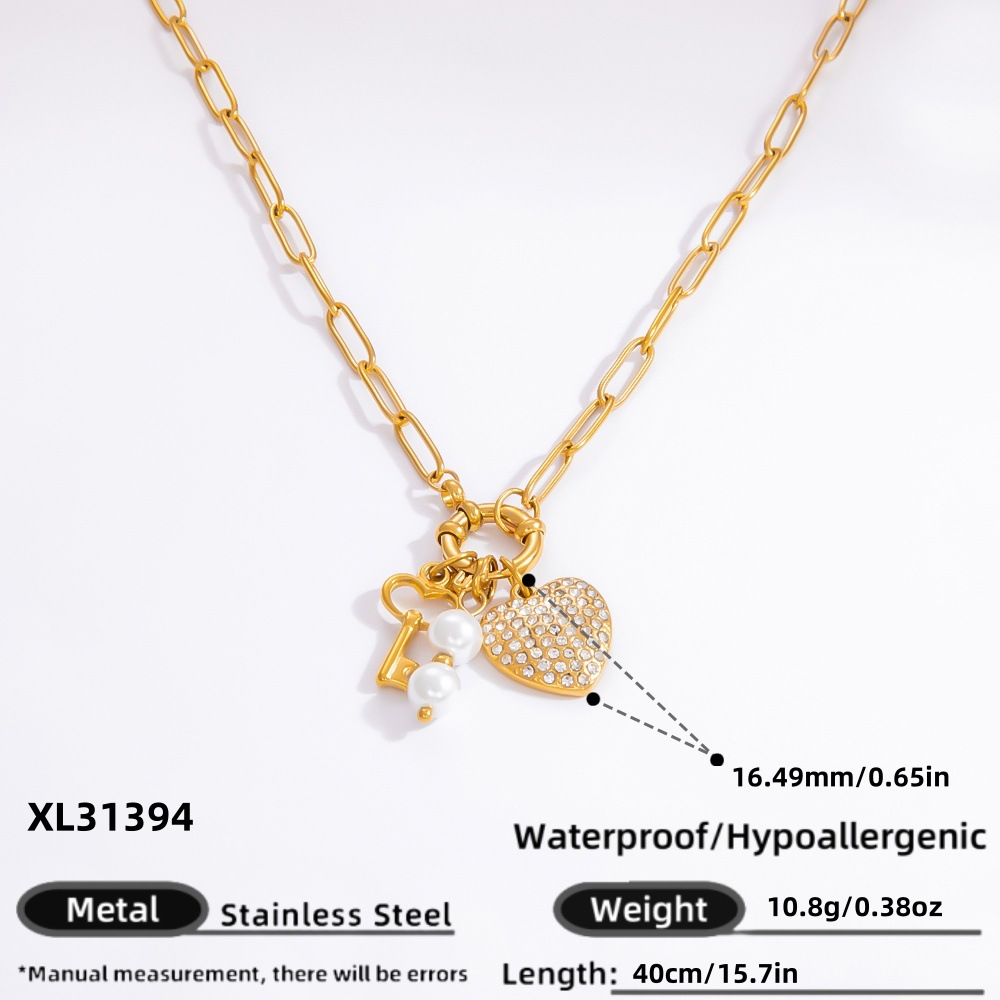 1 piece classic series daily heart stainless steel  gold color plated rhinestone women's pendant necklaces h5Picture2