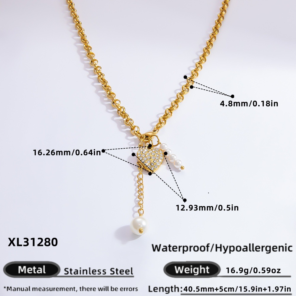 1 piece luxurious series elegant heart stainless steel  gold color plated artificial pearl women's pendant necklaces h5Picture2