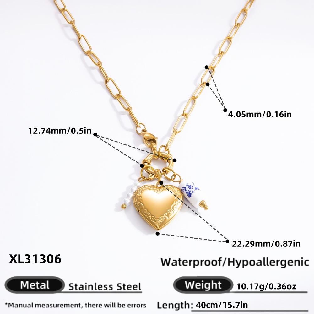 1 Piece Classic Series Porcelainous Heart Random Letters Stainless Steel Gold Color Artificial Pearl Women's Pendant Necklaces h5Picture2