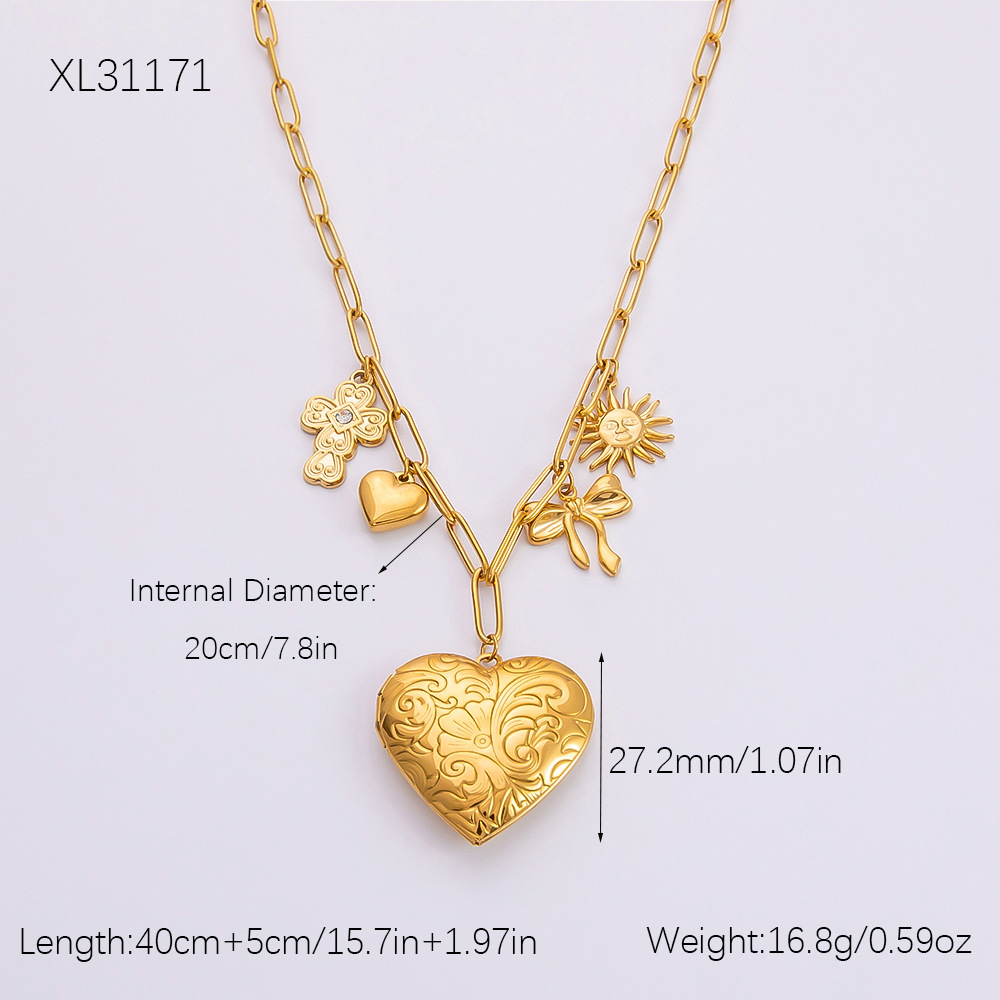 1 piece romantic series retro glossy heart stainless steel  gold color plated women's pendant necklaces h5Picture2