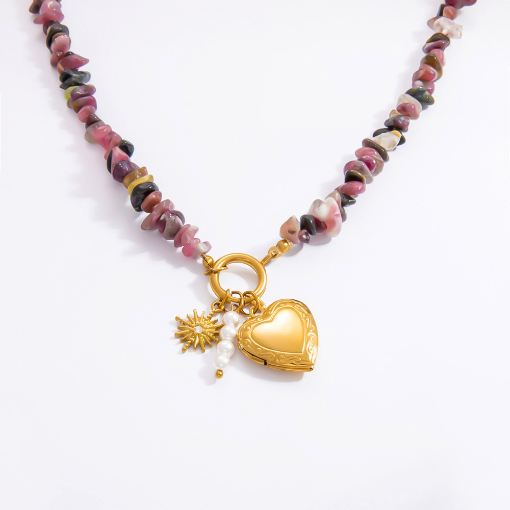 1 piece romantic series heart stainless steel  gold color plated natural stone women's pendant necklaces