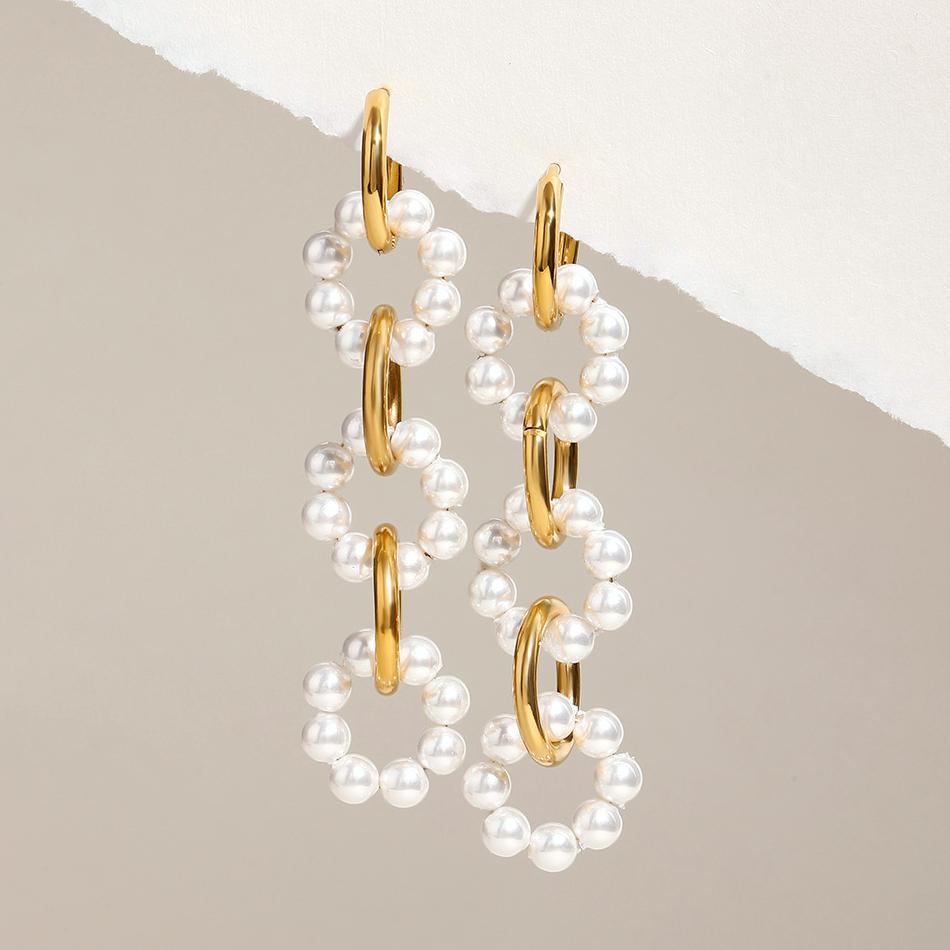 1 Pair Luxurious Series Elegant Circular Stainless Steel Gold Color Women's Beaded Drop Earrings