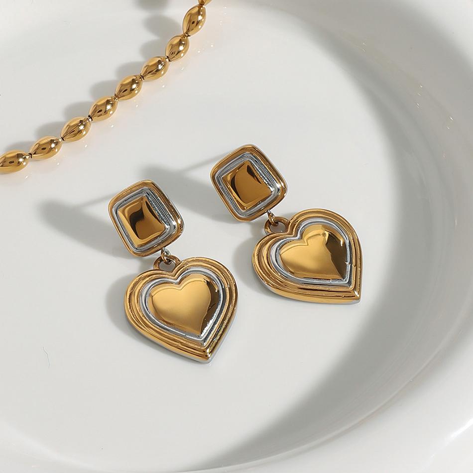 1 Pair Classic Series Heart Stainless Steel Gold And Silver Mixed Color Women's Pendant Earrings