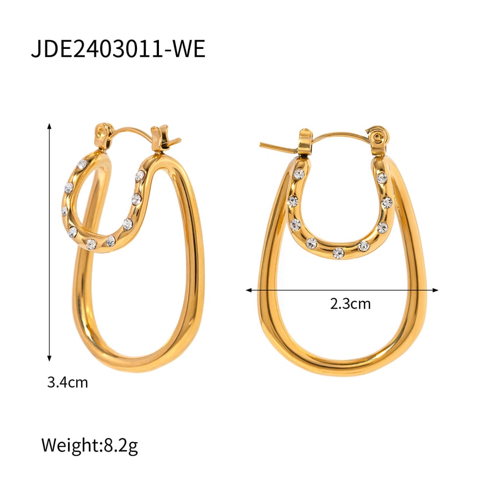 Cross-border new  style  gold stainless steel white rhinestone double-layer arc earrings light luxury high-end exaggerated earrings h5Picture2