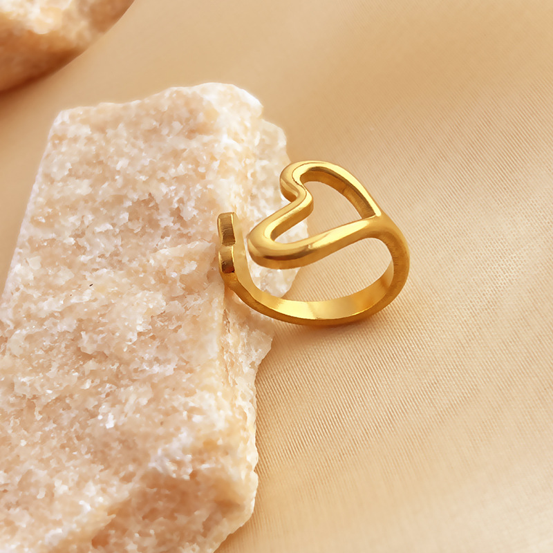 1 Piece Designable Series Elegant Hollow Heart Shape Stainless Steel Gold Color Women's Adjustable Rings