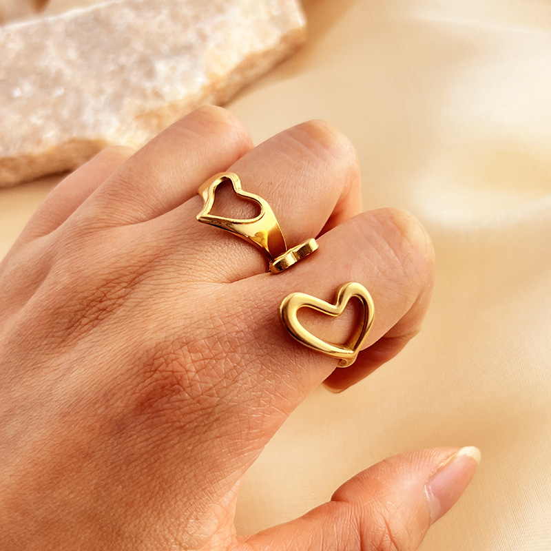 1 Piece Designable Series Elegant Hollow Heart Shape Stainless Steel Gold Color Women's Adjustable Rings h5Picture2