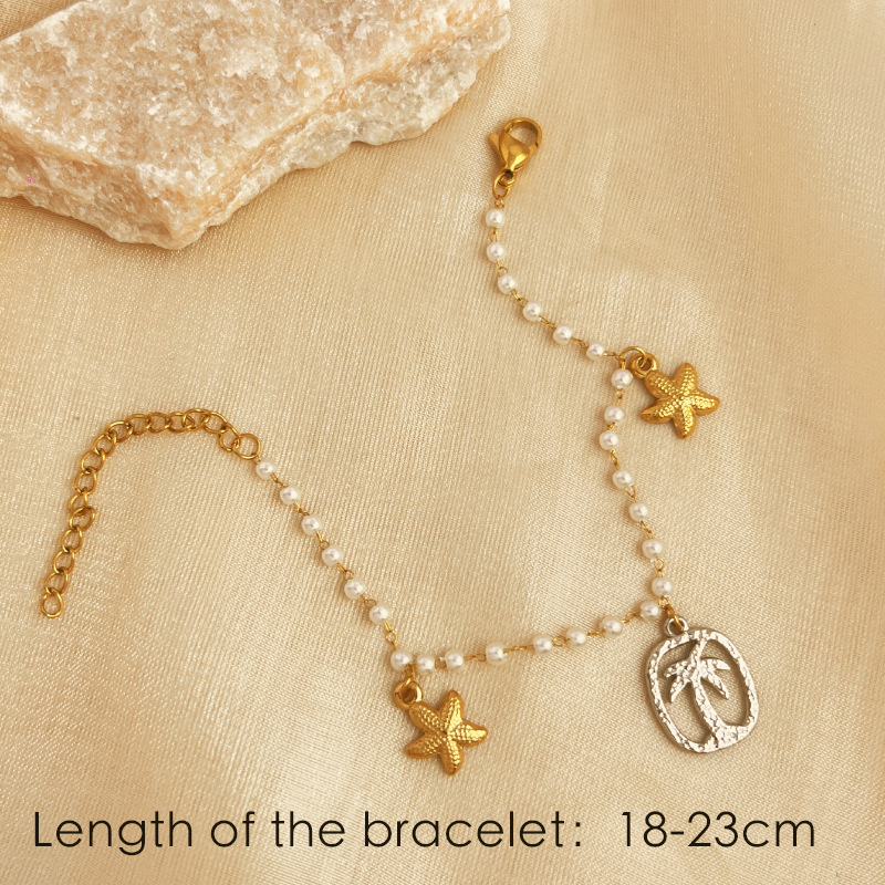 1 Piece Shinning Series Vacational Coconut Palm Stainless Steel Gold Color Women's Beaded Bracelets
