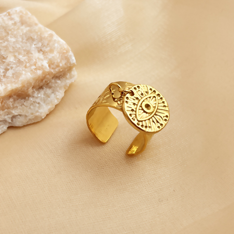 1 Piece Stylish Series Retro Eye Shape Wafer Dangle Stainless Steel Gold Color Women's Adjustable Rings