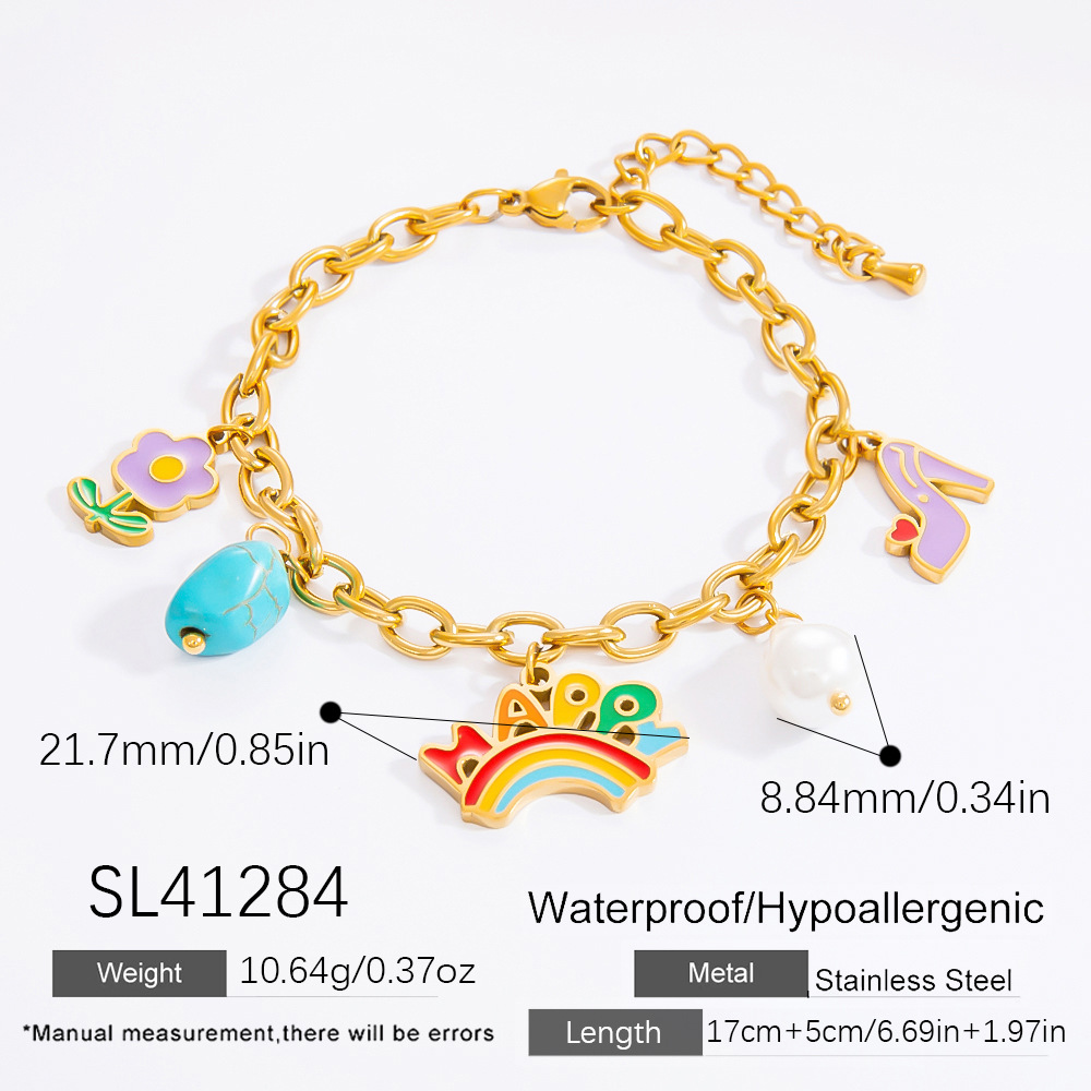 1 Piece Romantic Series Vivid Flower Oil- Glazing Chromatic Stainless Steel Gold Color Women's Charm Bracelets