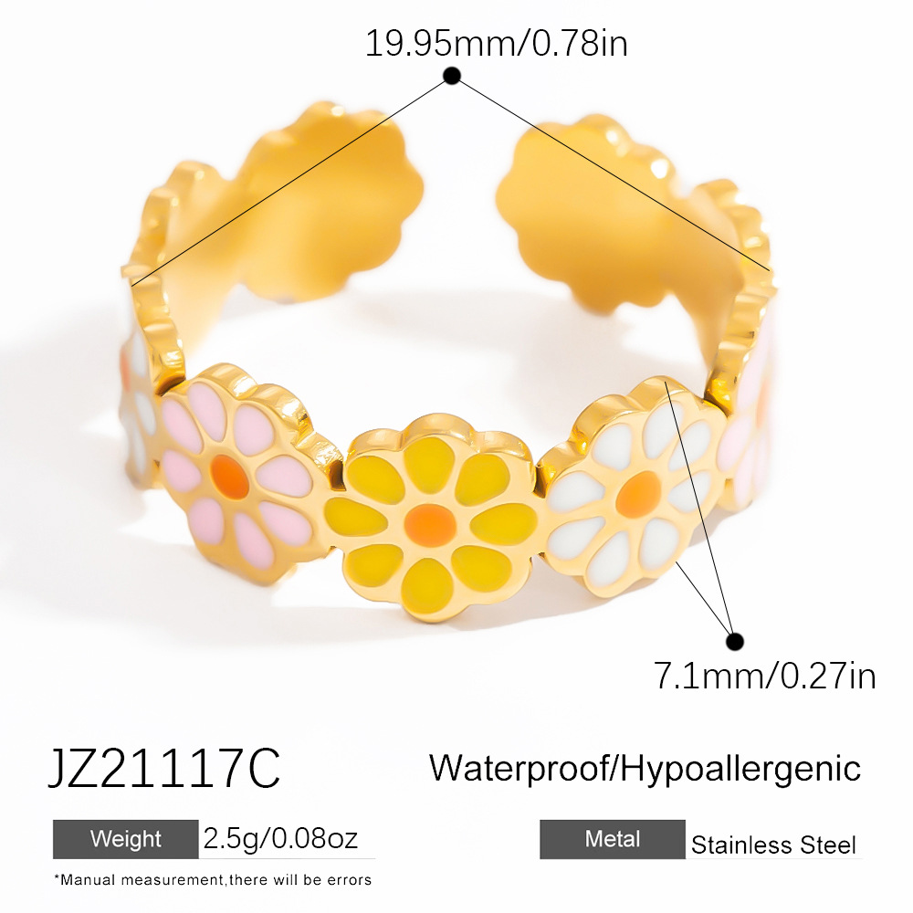 1 Piece Charming Series Chromatic Daisy Shape Oil- Glazing Stainless Steel Gold Color Women's Adjustable Rings 