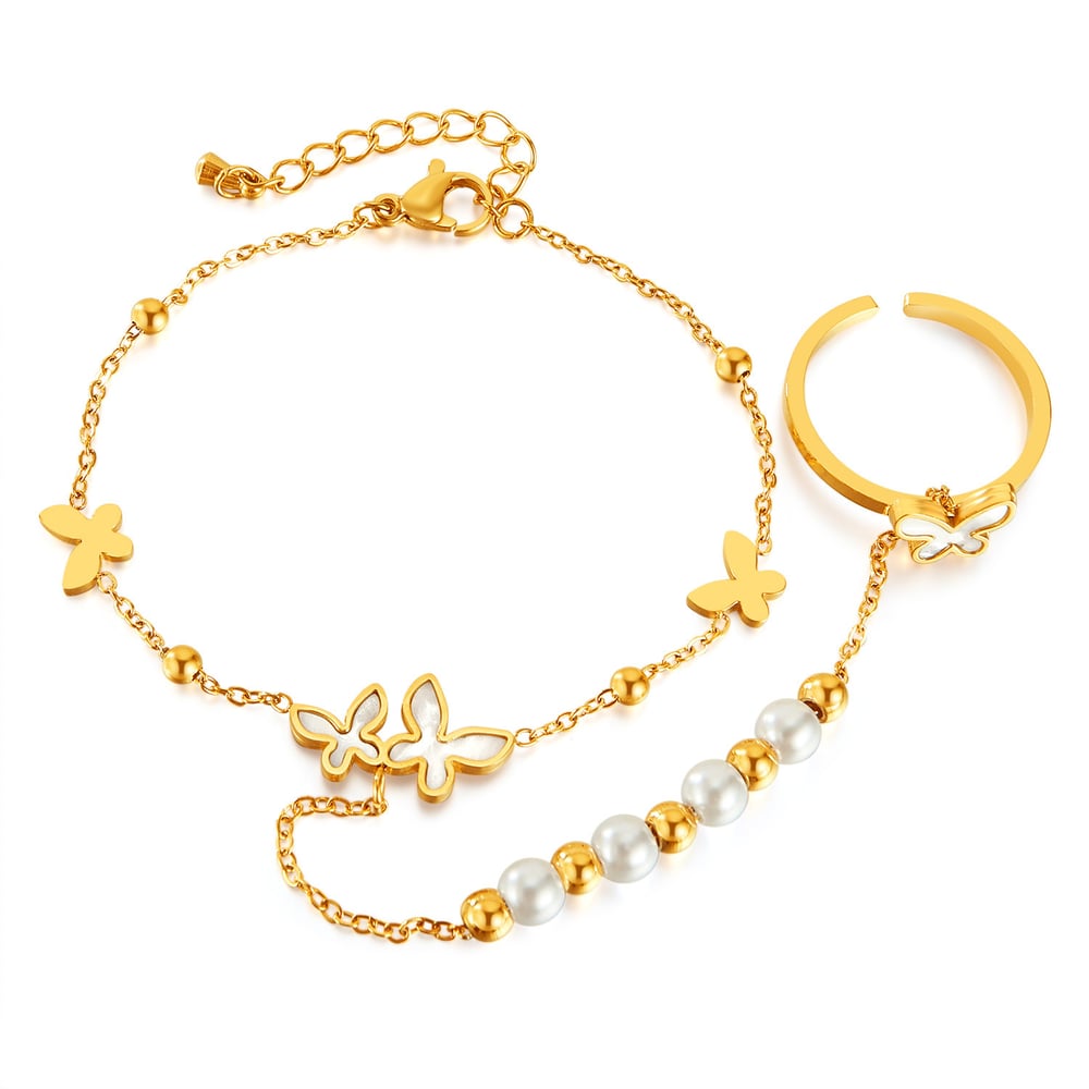 1 Piece Luxurious Series Daily Butterfly Stainless Steel Gold Color Women's Chain Bracelets With Ring