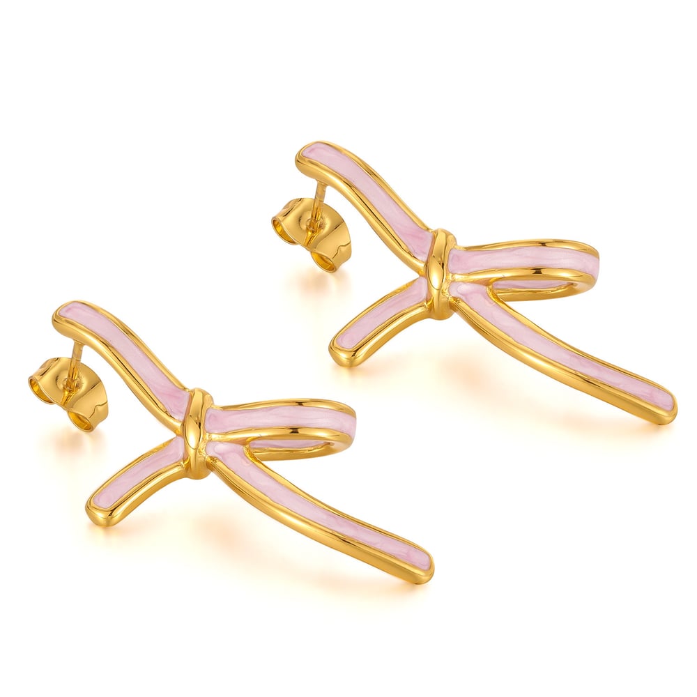 1 Pair Lovely Series Daily Pink Bow Knot Stainless Steel Gold Color Women's Stud Earrings