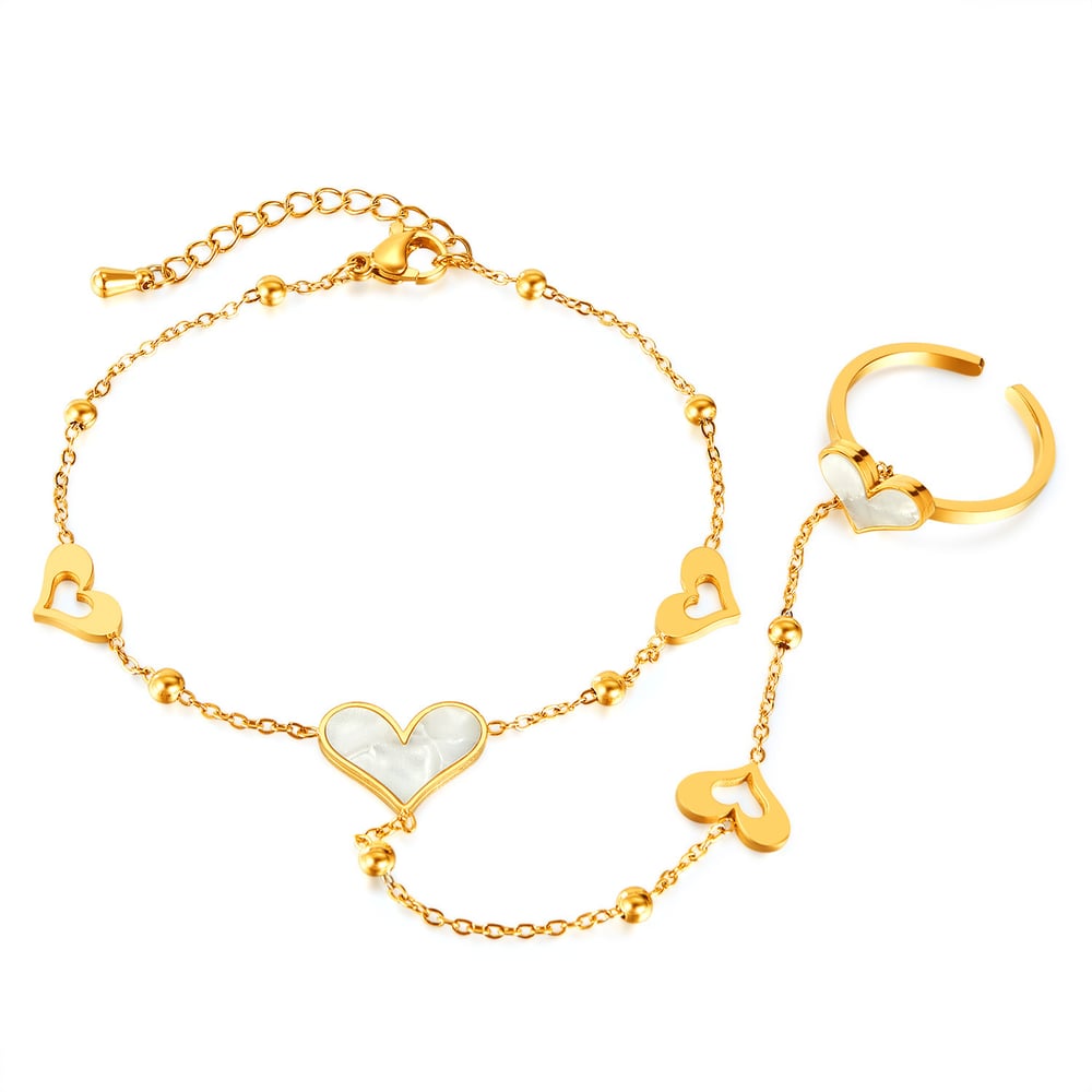 1 Piece Elegant Series Daily Heart Stainless Steel Gold Color Women's Chain Bracelets With Ring