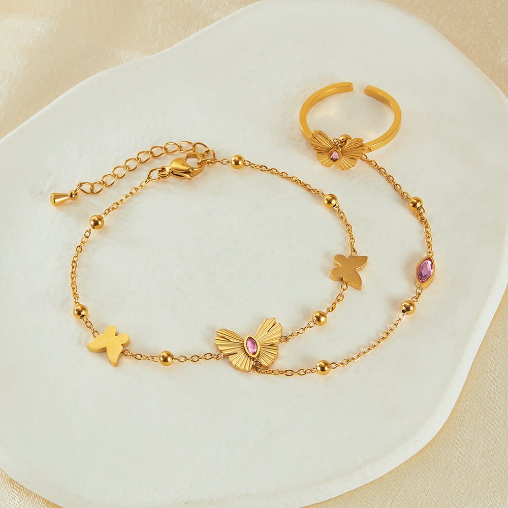 1 Piece Exquisite Series Daily Butterfly Stainless Steel Gold Color Women's Chain Bracelets With Ring h5Picture2