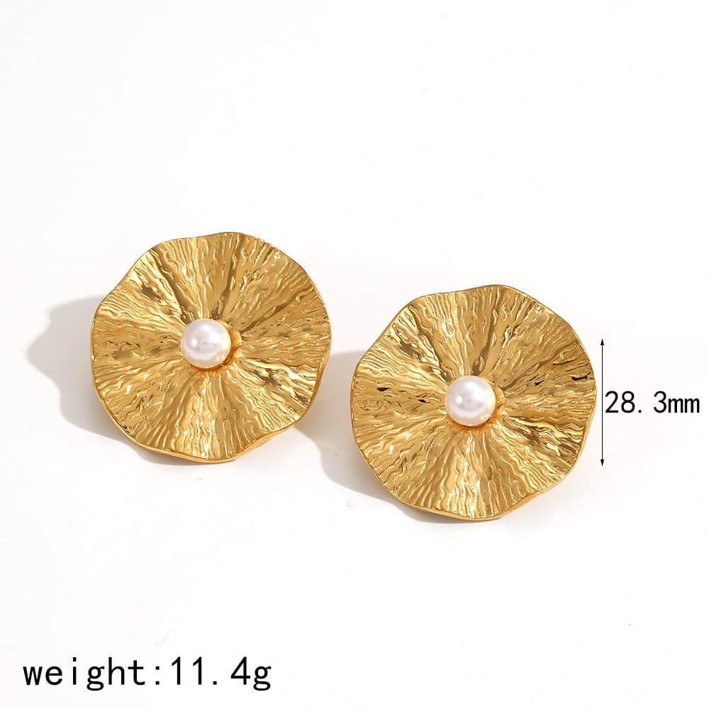 1 Pair Classic Series Retro Hammered Texture Circle Stainless Steel Gold Color Women's Earrings Set Picture2