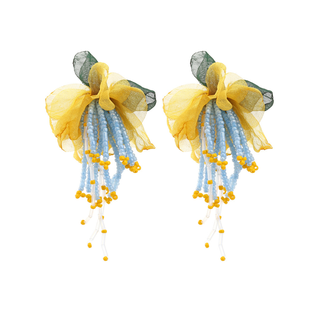 1 Pair Fabric Flower Beaded Tassel Stud Earrings