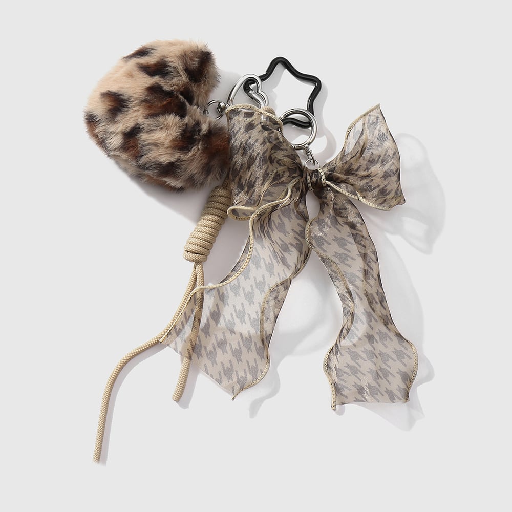 1 Piece Vintage Plaid Pattern Mesh Bow & Plush Heart Bag Charms