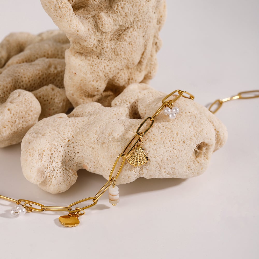 1 Piece Gold Color Stainless Steel Threaded Shell Pendant Necklace h5Picture2