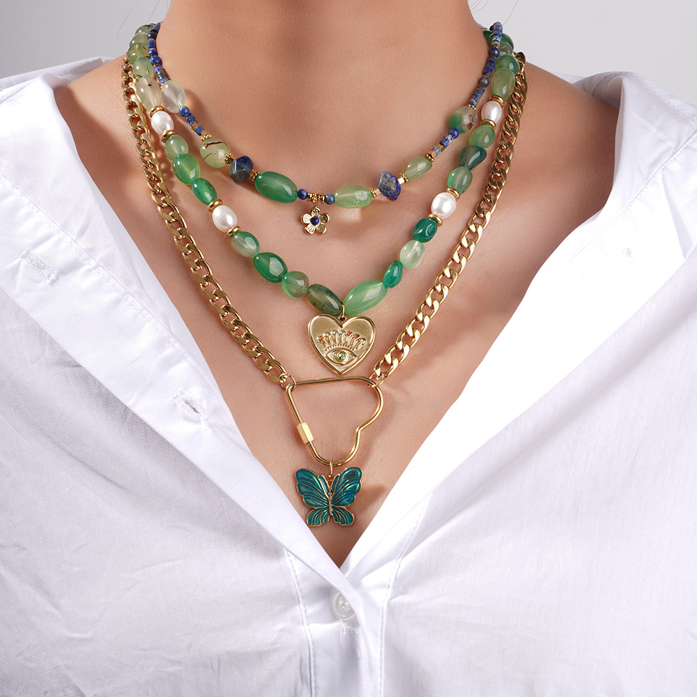 1 Piece Statement-making Series Natural Flower Stainless Steel Gold Color Green Natural Stone Women's Beaded Necklaces h5Picture2