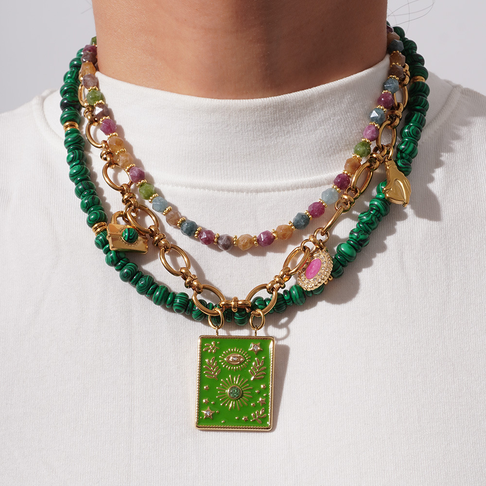 1 Piece Luxurious Series Bohemian Green Eye Tarot Stainless Steel Gold Color Women's Beaded Necklaces h5Picture2