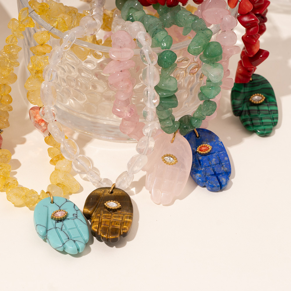 1 Piece Polychrome Series Bohemian Hand Shape Stainless Steel Gold Color Irregular Natural Stone Women's Beaded Necklaces h5Picture2