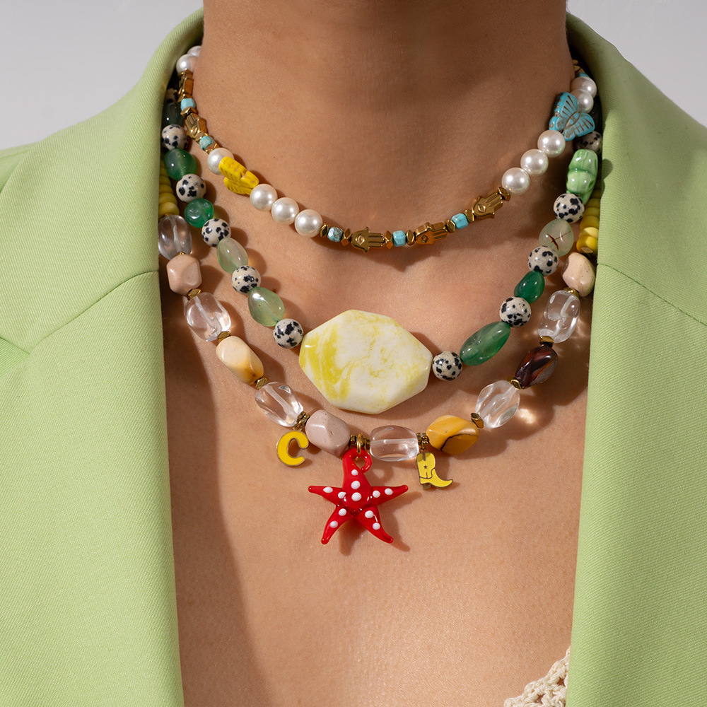 1 Piece Tropical Style Vacation Colorful Starfish Stainless Steel Gold Color Women's Beaded Necklaces h5Picture2