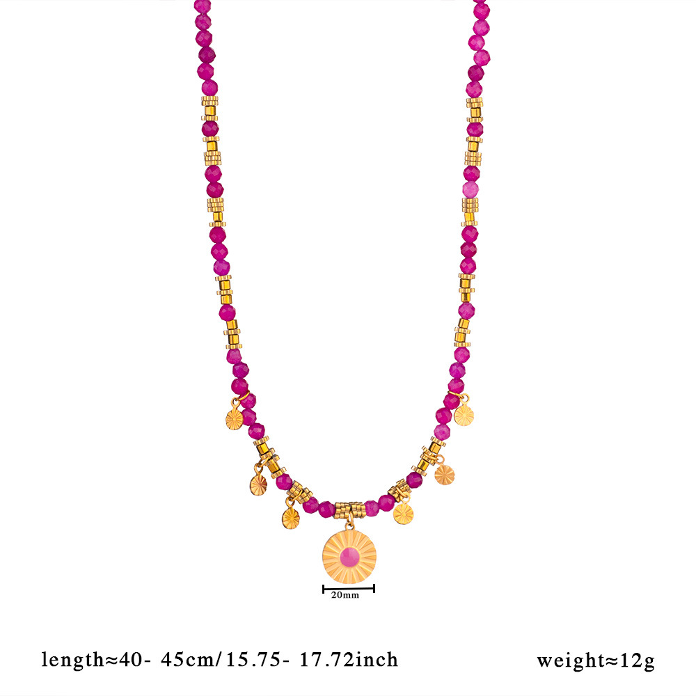 1 Piece Intricate Series Retro Circle Stainless Steel Gold Color Pink Natural Stone Women's Pendant Necklaces