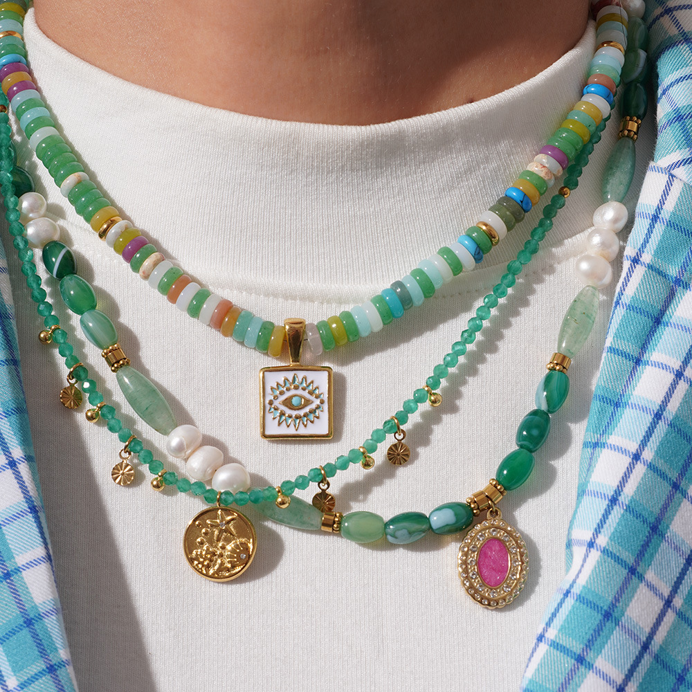 1 Piece Sophisticated Series Elegant Eye Stainless Steel Gold Color Green Crystal Women's Beaded Necklaces h5Picture2