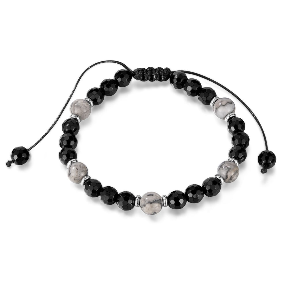 Pulseras de cuentas de ágata negra anular para hombre, serie delicada