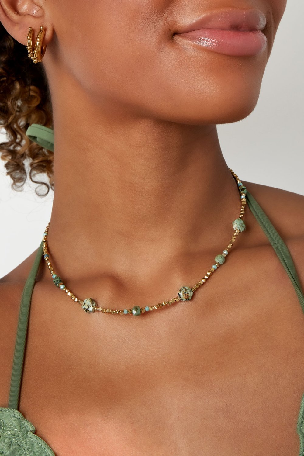 Collar de abalorios diferentes abalorios - acero inoxidable verde y dorado Imagen3