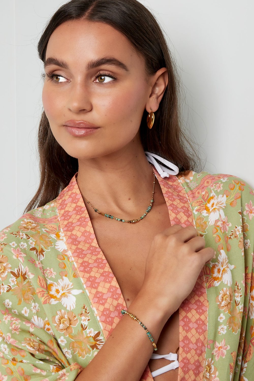 Halskette bunte Perlen - rosa/goldfarbener Edelstahl Bild4