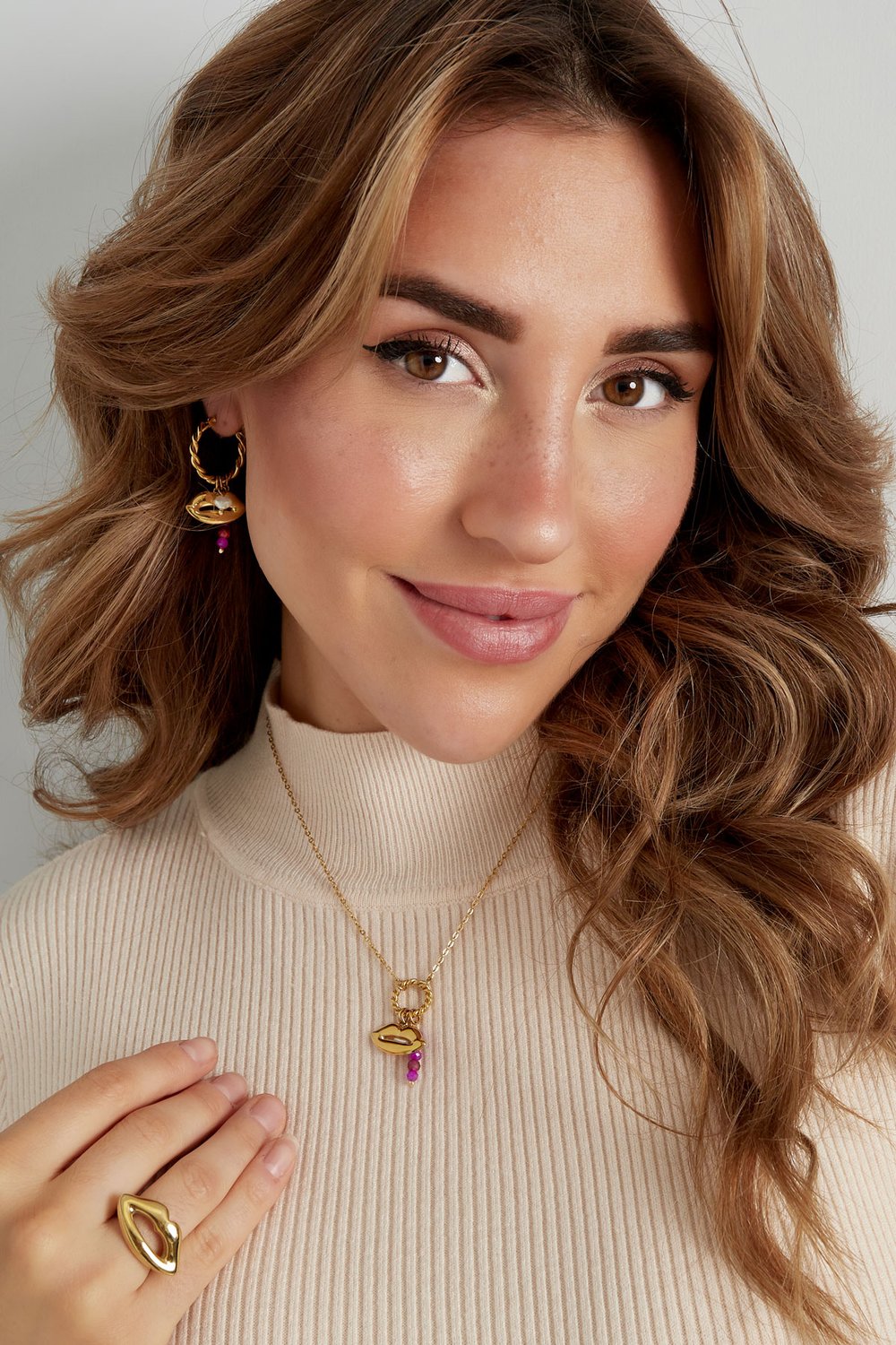 Halskette Mund mit Perlen - Goldfarbe/Lila Bild2