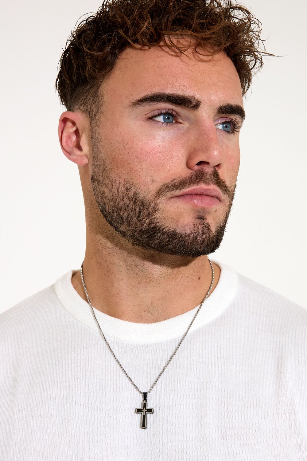 Erkek kolye çapraz siyah detaylı - gümüş/siyah Resim4