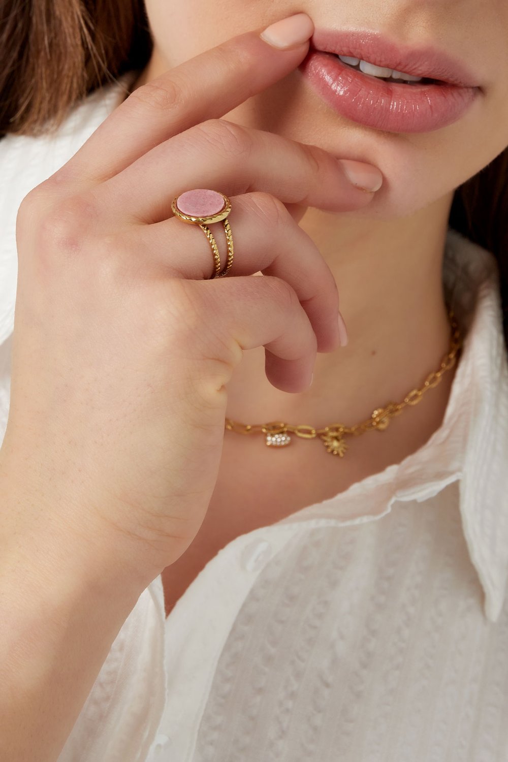 Ring round stone - Gold color/beige Picture3