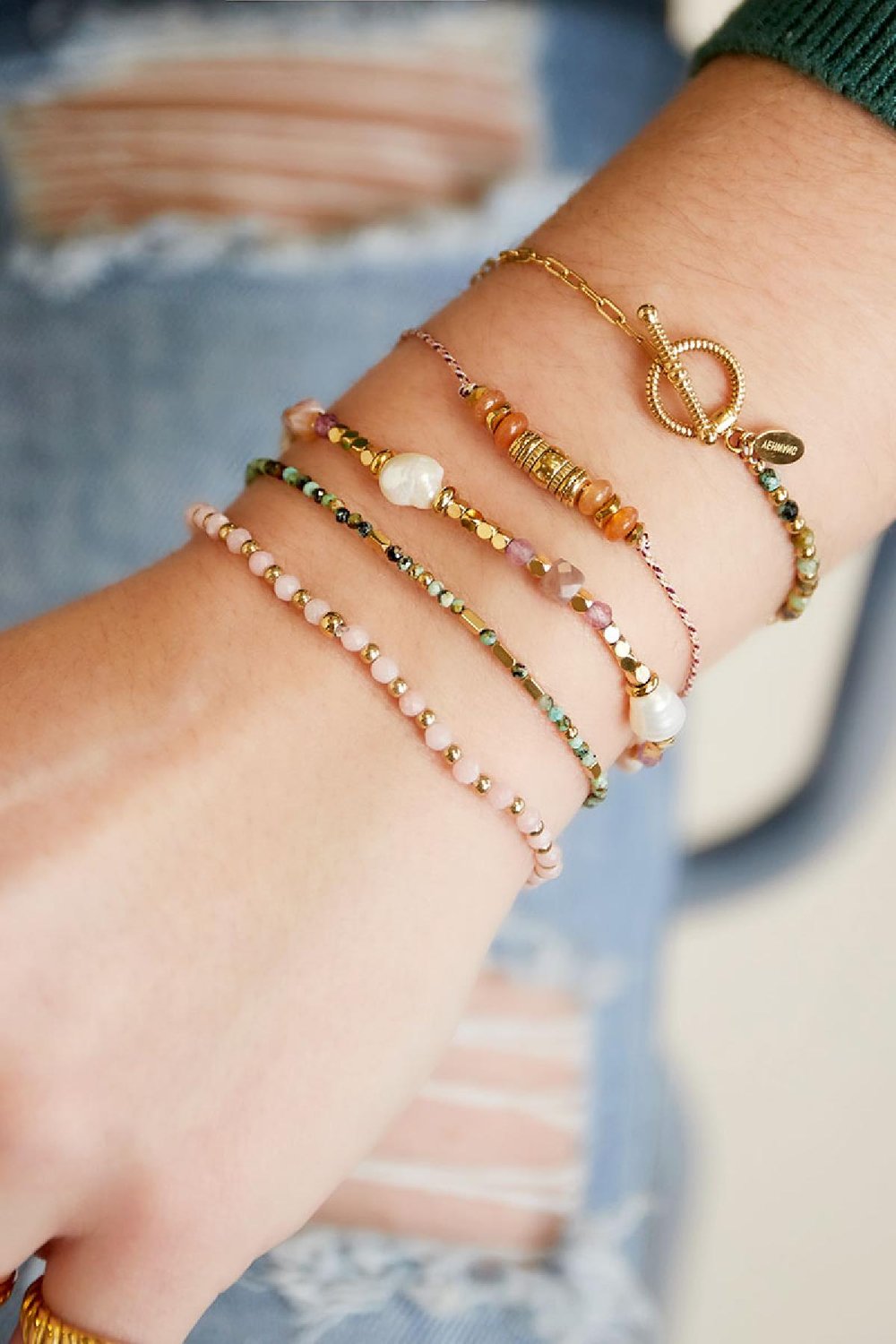 satin bracelet with natural stones green and  Picture4